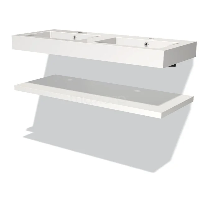 White, modern double basin worktop with integrated shelf, ideal for stylish bathroom design.