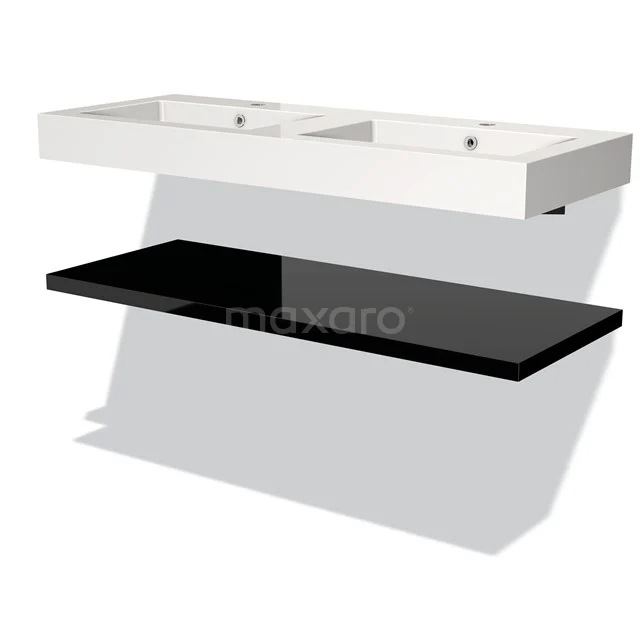 Weißes Doppel-Waschtischmöbel mit rechteckigem Keramikwaschbecken und schwarzem Glasregal, ideal für moderne Bäder.