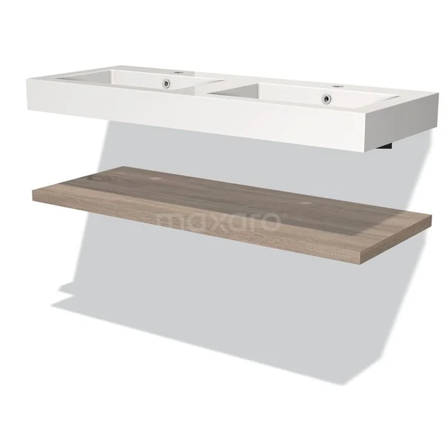 Badmöbel 120 cm Modulo Eiche 1 Waschbecken Waschbeckenplatte Mineralguss BMW10-00035 Weiße Doppelwaschbecken mit Holzregal, modernes Badezimmermöbel aus Premium-Serie, ideal für stilvolle Badezimmergestaltung.