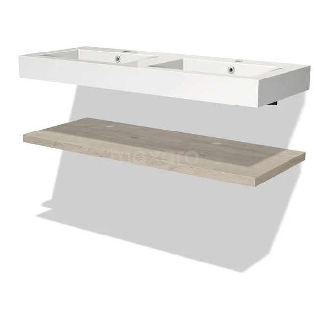 White double basin worktop with wooden base, modern bathroom unit made of durable materials for a stylish bathroom.