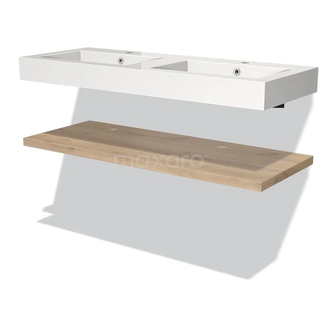 Modulo Bathroom furniture with sink | 120 cm Light brown oak front Mineral marble Basin with worktop BMW10-00037 Double white vanity units with wooden base, modern bathroom unit, sleek design and durable materials.