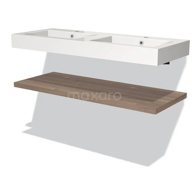 Weißes keramisches Doppelwaschtischplatte mit schwebendem Holzbadregal, modernes Design, geeignet für Badezimmerlagerung.