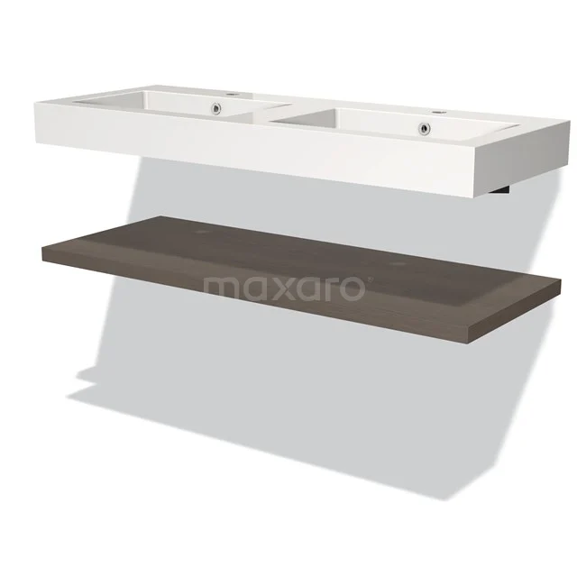 Double basin white with modern wooden lower shelf, ideal for stylish bathroom design.