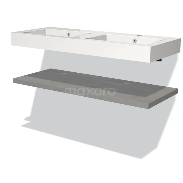 White double basin worktop with rectangular shapes and a grey lower shelf, ideal as a modern bathroom solution.