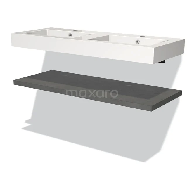 Modulo Bathroom furniture with sink | 120 cm Dark grey concrete front Mineral marble Basin with worktop BMW10-00042 White ceramic Basin worktop with double sink and anthracite wall shelf, modern bathroom solution.