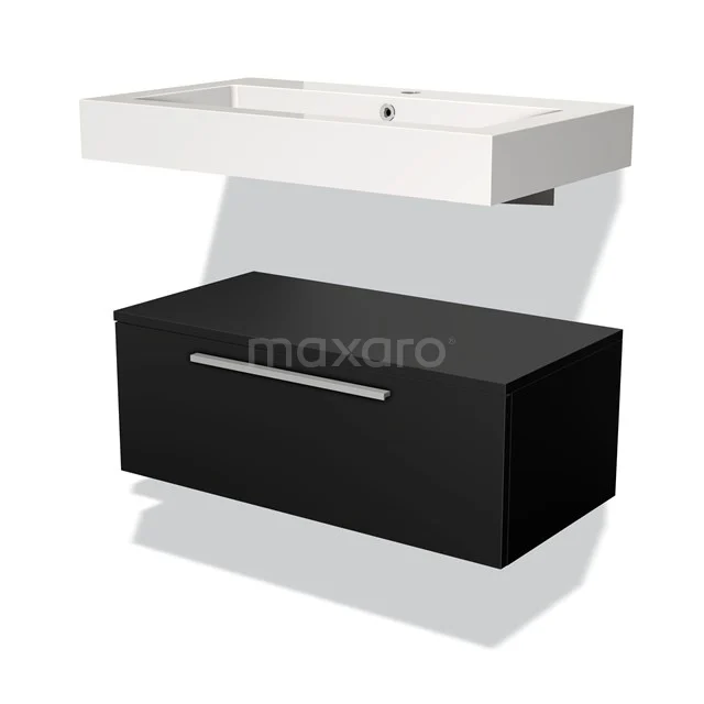 Black bathroom furniture set with matte white basin worktop, modern look and stainless steel handle. Perfect for a stylish bathroom.