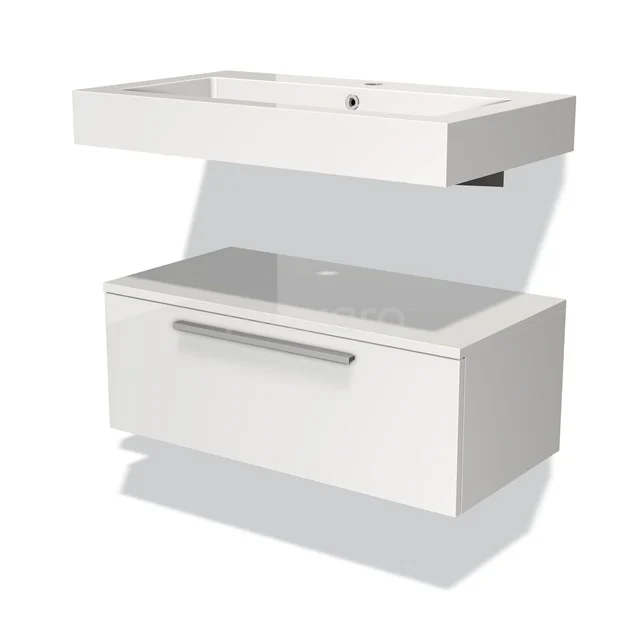 White floating bathroom furniture set with glossy finish, built-in Basin and chrome Handle, modern and minimalist design.