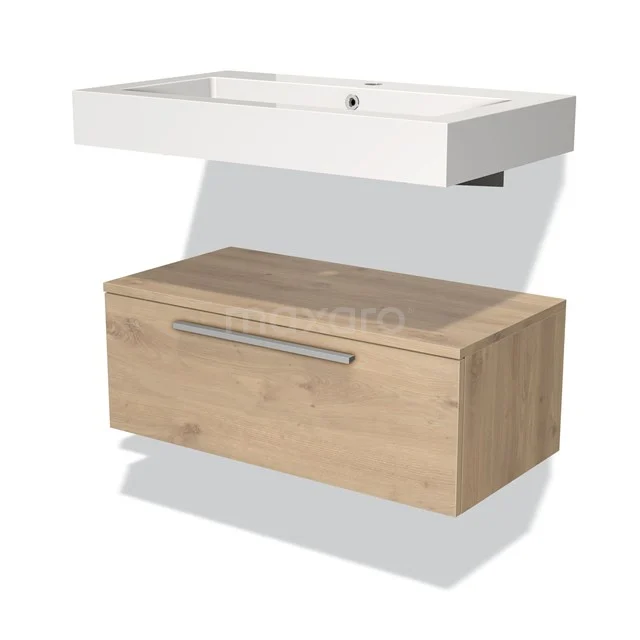 Wooden floating bathroom unit with white sink, minimalist design, drawers with chrome handle, ideal for modern bathrooms.