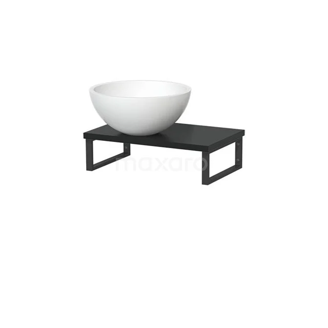 Modulo Pico Waschtischplatte mit Becken | 41 cm Matt Schwarz Matt Weiß Solid Surface TMK01-00253 Weiße runde Waschbecken auf einem schwarzen Holz-Badmöbel mit Metallrahmen, modernes Design für zeitgemäße Bäder.