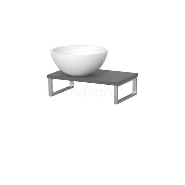 Weiße keramische Aufsatzwaschbecken auf einer grauen Holz-Waschtischplatte mit Metallrahmen, perfekt für einen modernen Badezimmerstil.