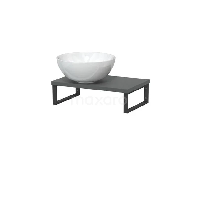 Modulo Pico Basin worktop with basin | 41 cm Mid grey High-gloss white Ceramic TMK01-00016 White ceramic countertop wash basin on a black metal frame with grey wooden shelf, ideal as a stylish bathroom basin.
