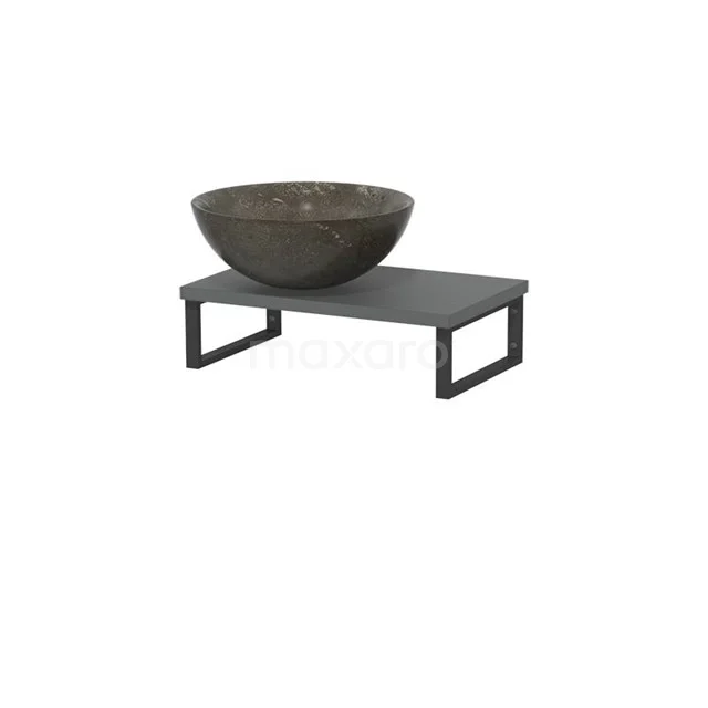 Dark grey basin bowl made of natural stone on a black metal frame, stylish and modern bathroom decoration.