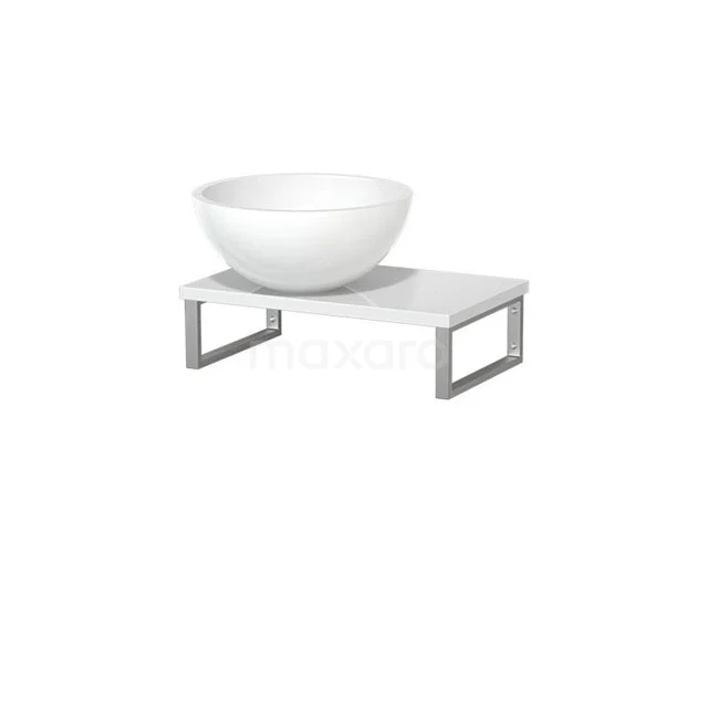 Modulo Pico Waschtischplatte mit Aufsatzwaschbecken | 41 cm Hochglanz Weiß Hochglanz Weiß Mineralguss TMK01-00267 Weiße keramische Aufsatzwaschbecken auf einem modernen Marmorregal mit Metallrahmen, perfekt für stilvolle Badezimmergestaltungen.