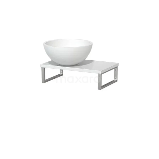 White bowl-shaped basin on modern rectangular vanity units with metal frame, ideal for a luxury bathroom design.