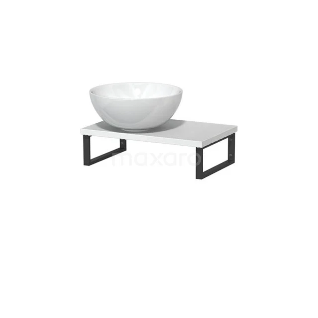 Weiße runde Waschbecken auf einem minimalistischen Schwarz-Weiß Badmöbel aus Metall und Holz, ideal für moderne Bäder.