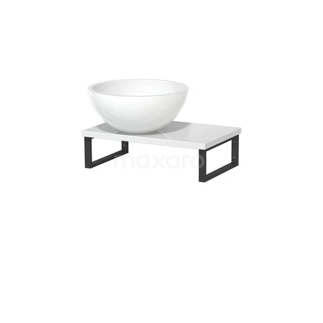 Weiße keramische Aufsatzwaschbecken auf marmorierter Platte mit schwarzem Metallrahmen, ideal als luxuriöses Badezimmeraccessoire.