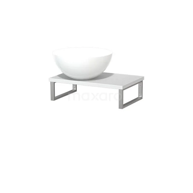 Weißes keramisches Aufsatzwaschbecken auf modernem rechteckigem weißen Badmöbel mit Metallbeinen, ideal für ein stilvolles Badezimmer.