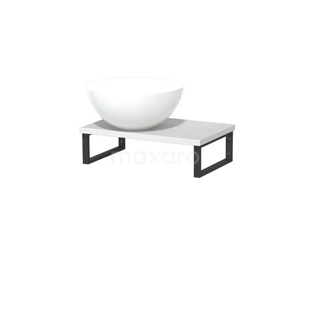 White round countertop wash basin on a modern white-black bathroom unit with sleek black metal frame, ideal for contemporary bathroom design.