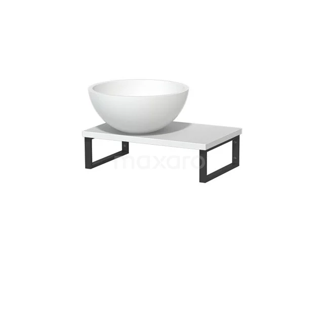 Modulo Pico Waschtischplatte mit Aufsatzwaschbecken | 41 cm Matt Weiß Matt Weiß Solid Surface TMK01-00283 Weiße freistehende Aufsatzwaschbecken auf einer rechteckigen weißen Marmorplatte mit schwarzem Metallgestell, elegantes Badezimmerdesign.