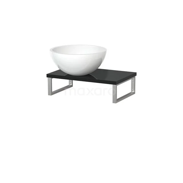 White porcelain countertop wash basin on black marble shelf with black metal frame, perfect as a stylish bathroom unit accessory.