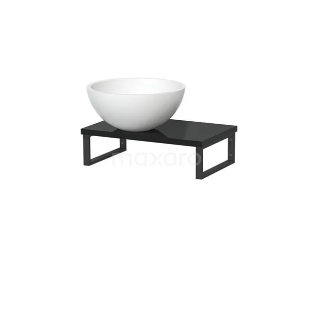 White round basin cabinet on black metal basin cabinet, modern bathroom design, suitable for small bathrooms.