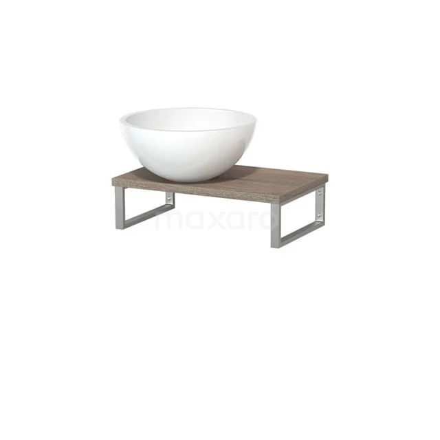 Weiße keramische Aufsatzwaschbecken auf Holz-Waschtischplatte mit Metallrahmen, modernes Badezimmerdesign.