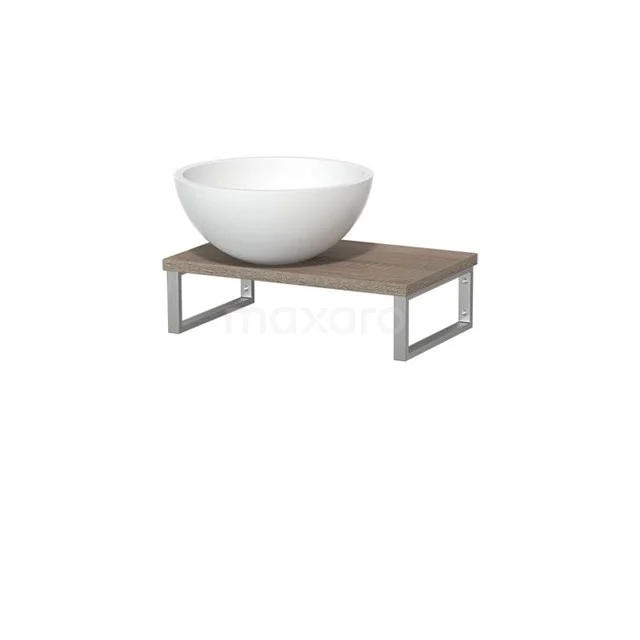 White ceramic surface-mounted basin on rectangular wooden shelf with metal frame, ideal for modern bathroom fittings.