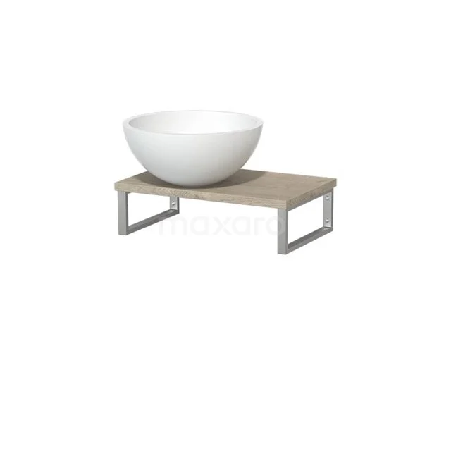 Modulo Pico Waschtischplatte mit Aufsatzwaschbecken | 41 cm Hellgraue Eiche Matt Weiß Solid Surface TMK01-00318 Weiße keramische Aufsatzwaschbecken auf Holz-Waschtischplatte mit Metallrahmen, ideal als moderne Badezimmerlösung.