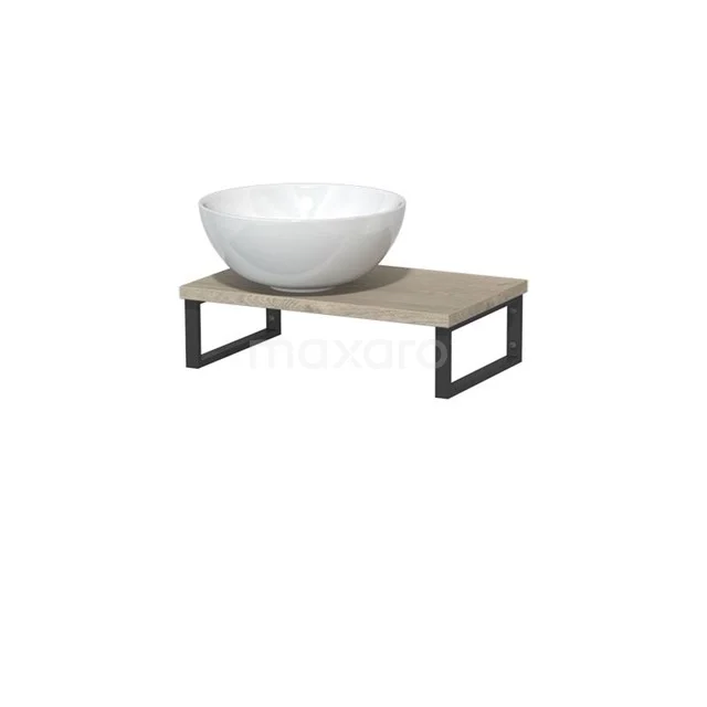 Weiße keramische Schalenform Waschbecken auf Holzregal mit schwarzem Metallrahmen, ideal für eine moderne Badezimmergestaltung.