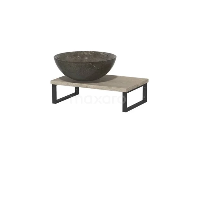 Dunkelgraues Natursteine Aufsatzwaschbecken auf einer industriellen Holz Waschbeckenplatte mit schwarzem Metallrahmen für stilvolle Bäder.