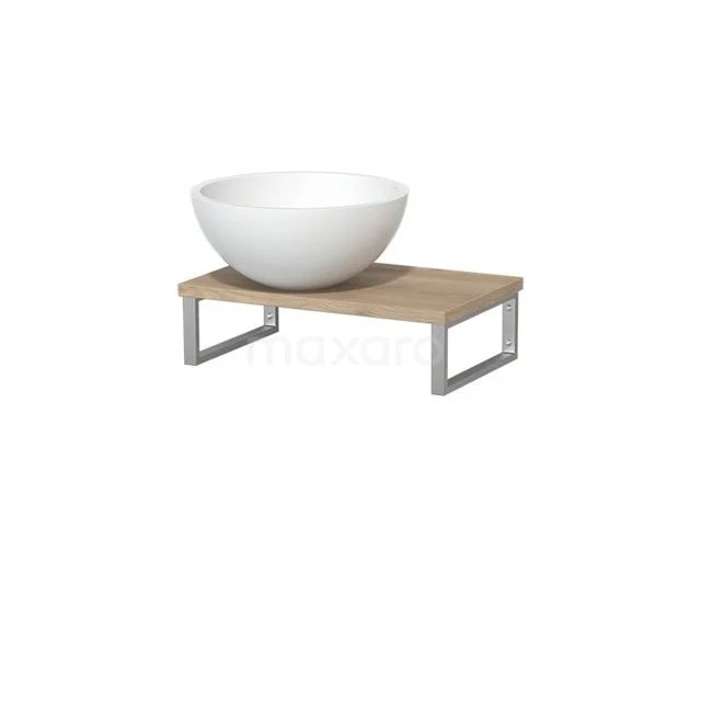 Weiße Aufsatzwaschbecken auf einem modernen Holzlook-Regal mit Metallrahmen, ideal als stilvolle Ergänzung zum Badezimmer.