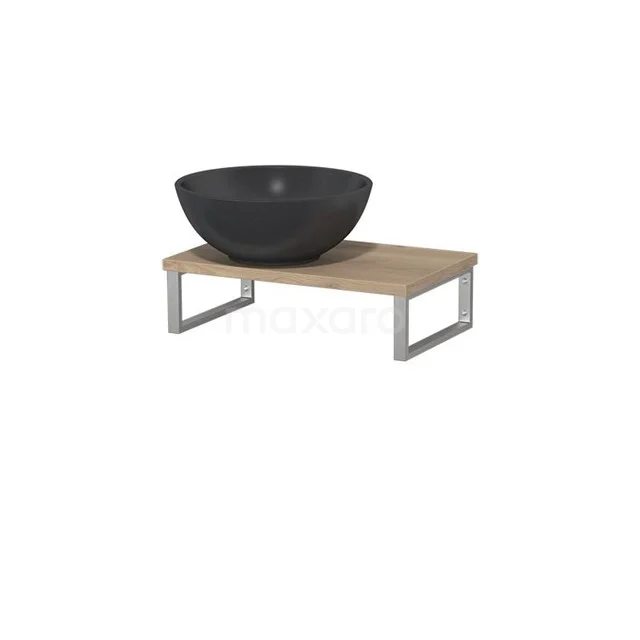 Modulo Pico Waschtischplatte mit Becken | 41 cm Hellbraune Eiche Matt Schwarz Quarz TMK01-00146 Schwarze runde Waschbeckenschale aus Keramik auf einem Holz- und Metall-Badezimmerregal, modernes Design.