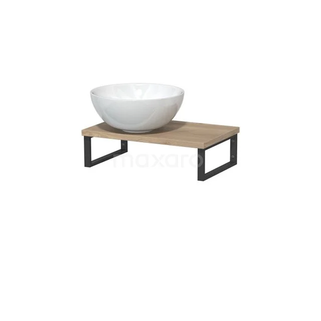 Modulo Pico Waschtischplatte mit Aufsatzwaschbecken | 41 cm Hellbraune Eiche Hochglanz Weiß Keramik TMK01-00147 Weiße keramische Aufsatzwaschbecken auf einer hölzernen Waschtischplatte mit schwarzem Metallrahmen, ideal für ein stilvolles modernes Badezimmer.