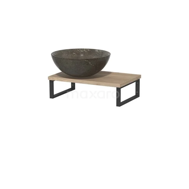 Modulo Pico Waschtischplatte mit Aufsatzwaschbecken | 41 cm Hellbraune Eiche Blaustein Naturstein TMK01-00148 Aufsatzwaschbecken aus Naturstein auf einem Holzbrett mit schwarzem Metallrahmen, perfekt für moderne Badezimmergestaltung.