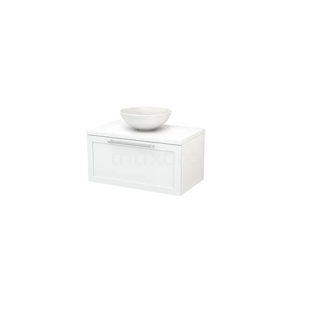 White hanging bathroom cabinet with ceramic countertop wash basin, modern drawers and sleek design; ideal for a stylish bathroom.