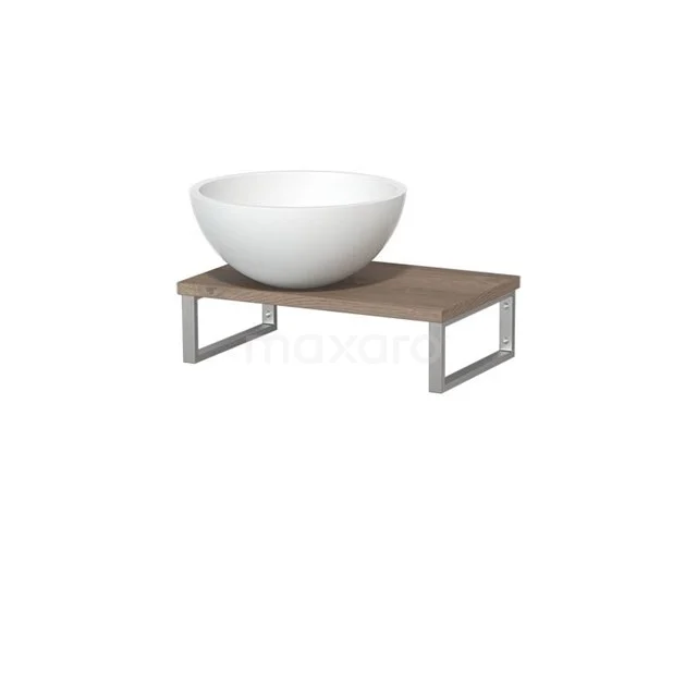 Modulo Pico Waschtischplatte mit Aufsatzwaschbecken | 41 cm mittelbraune Eiche Matt Weiß Solid Surface TMK01-00238 Weiße keramische Waschbecken auf einem Holzbrett mit Metallbeinen, ideal als stilvolles Badezimmeraccessoire.