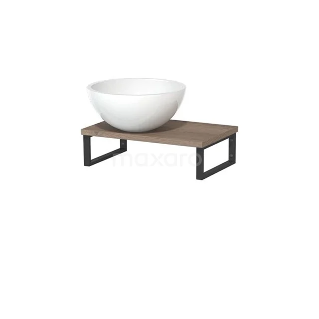 Modulo Pico Waschtischplatte mit Aufsatzwaschbecken | 41 cm mittelbraune Eiche Hochglanz Weiß Mineralguss TMK01-00242 Weiße keramische Aufsatzwaschbecken auf Holzregal mit schwarzem Metallrahmen, ideal als moderne Badezimmer Aufsatzwaschbecken.