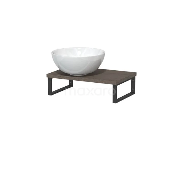 Modulo Pico Waschtischplatte mit Aufsatzwaschbecken | 41 cm Dunkelbraune Eiche Hochglanz Weiß Keramik TMK01-00330 Weiße runde Aufsatzwaschbecken auf einem dunklen Holzregal mit schwarzem Metallrahmen, perfekt für einen modernen Badezimmerstil.