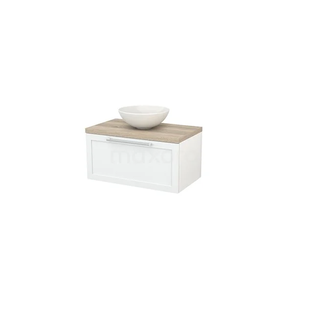 White hanging bathroom unit with wood-look worktop and ceramic countertop wash basin, modern design for a stylish bathroom.