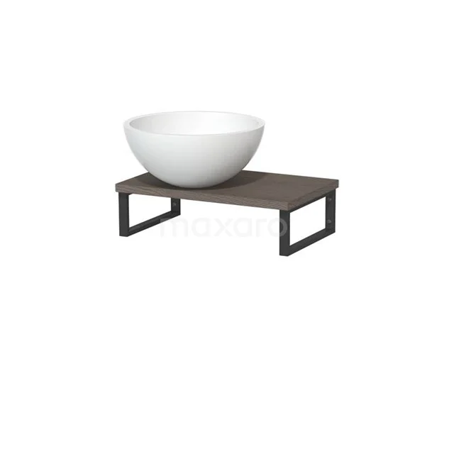 Weiße keramische runde Aufsatzwaschbecken auf einem dunklen Holzregal mit schwarzem Metallrahmen, perfekt für moderne Badezimmer Einrichtung.