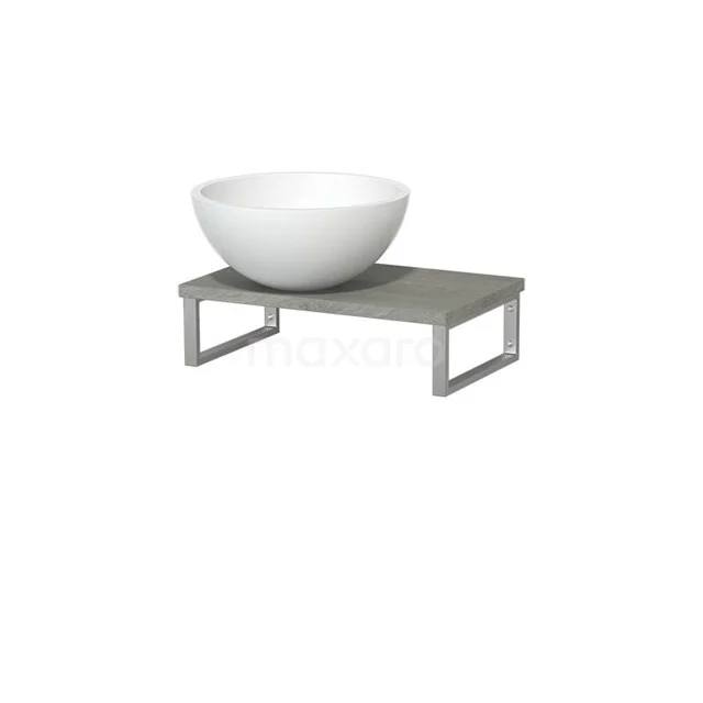 Modulo Pico Waschtischplatte mit Aufsatzwaschbecken | 41 cm Graue Eiche Matt Weiß Solid Surface TMK01-00114 Weiße runde Waschbecken auf grauem Holz Möbel mit Metallrahmen, perfekt für einen modernen Badezimmer Stil.