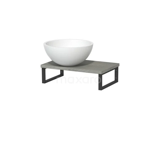 Weiße runde Aufsatzwaschbecken aus Keramik auf einem grauen Holzlook-Regal mit schwarzen Metallbeinen, stilvolles Badezimmeraccessoire.