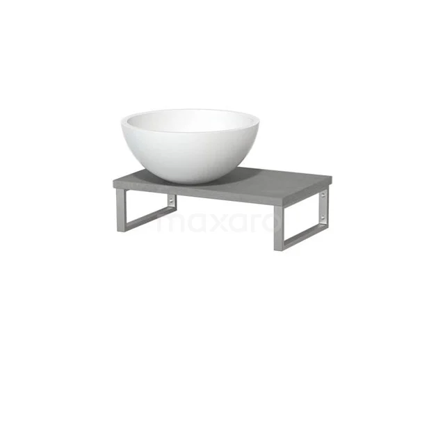 Weiße runde Aufsatzwaschbecken auf grauer Holz-Waschtischplatte mit Metallrahmen, ideal für moderne Badezimmergestaltung.