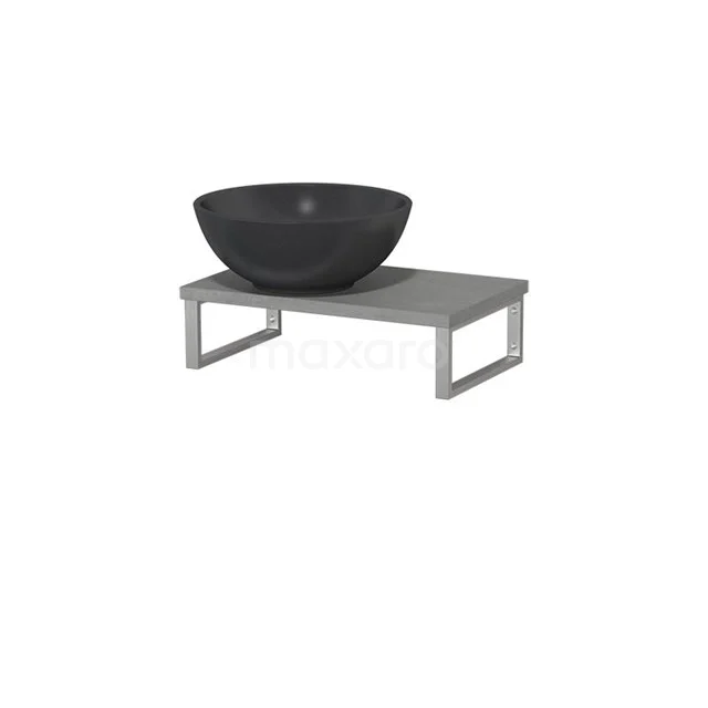 Zwarte ronde wastafelkom van natuursteen op een grijs mat wastafelmeubel, modern design voor stijlvolle badkameroplossingen.