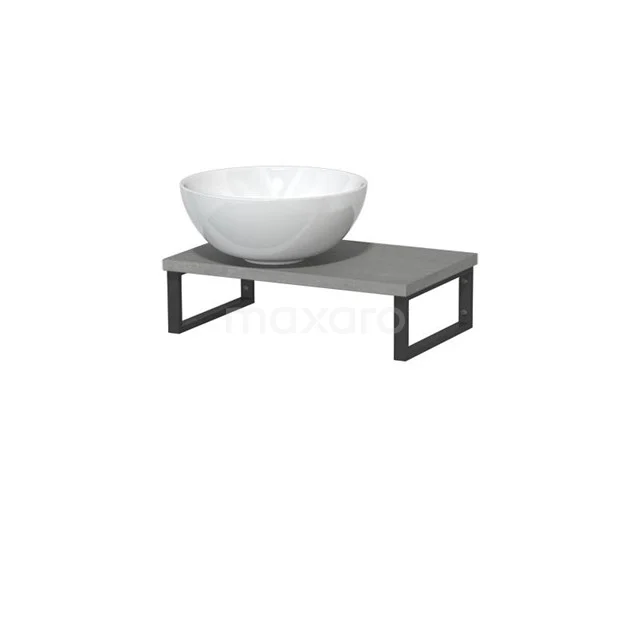 Modulo Pico Basin worktop with countertop wash basin | 41 cm Light grey concrete High-gloss white Ceramic TMK01-00126 White ceramic countertop wash basin on a grey shelf with black metal legs, modern bathroom style, durable design.