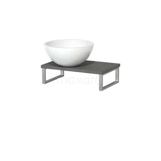 Witte ronde wastafel op een donkergrijs houten plank met metalen frame, ideaal voor moderne badkamerinrichting.
