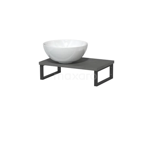 Witte keramische waskom op grijze rechthoekige plank met zwarte metalen frame, ideaal voor een moderne badkamer inrichting.