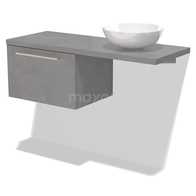 Grijze zwevende wastafelmeubelset met lade en witte keramische kom, modern design voor een stijlvolle badkamer.
