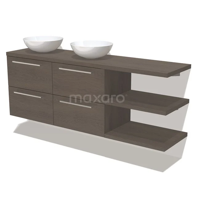 Waschtischunterschrank mit Konsole 180 cm Modulo Plato dunkelbraune Eiche 4 Schubladen Flach BMKSPC-00003 Dunkles Holz-Waschtischmöbel mit doppelten Aufsatzwaschbecken, offenen Seitenregalen und modernen verchromten Haltegriffen für stilvolle Badezimmerlagerung.