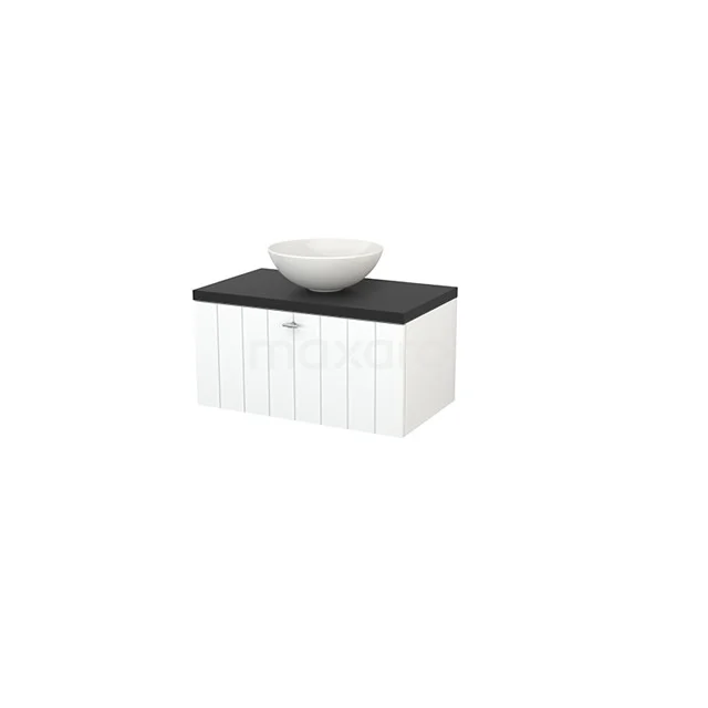 Vanity units for countertop wash basin 80cm Matte white Lamel Modulo+ Plato Carbon Worktop BMK001212 White bathroom unit with black top and ceramic countertop wash basin, modern look, ideal for stylish bathrooms.